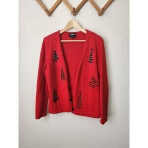 90s red black beaded‎ Christmas tree cardigan S